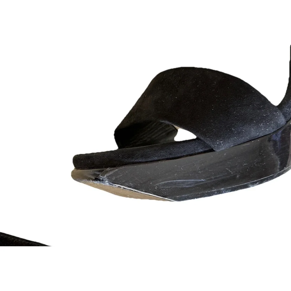 YSL Saint Laurent 2010s Era Lacquered Wedges Suede Wood Heel Black Heels Damage - Picture 6 of 16